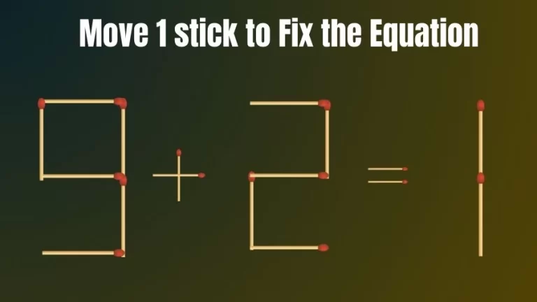 Brain Teaser: Can You Move 1 Matchstick to Fix the Equation 9+2=1? Matchstick Puzzles