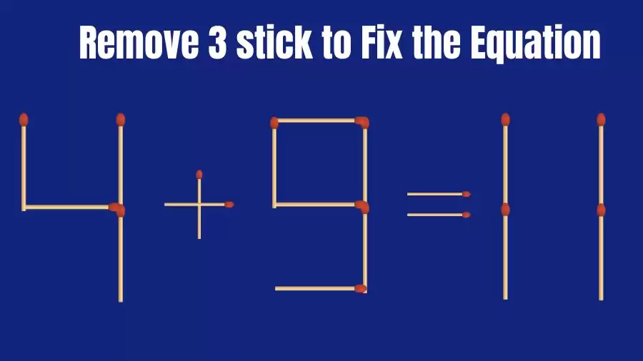 Matchstick Brain Teaser: 4+9=11 Remove 3 Matchsticks to Fix the Equation | Matchsticks Puzzle