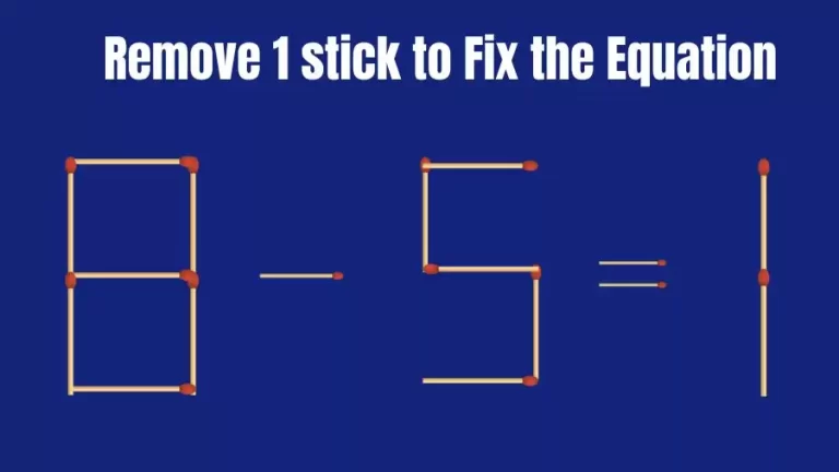 Matchstick Brain Teaser: 8-5=1 Remove 1 Matchstick to Fix the Equation | Matchsticks Puzzle