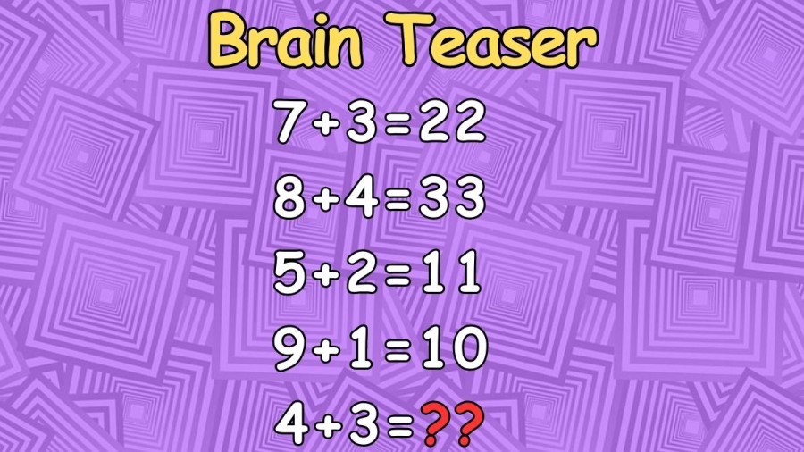 Brain Teaser: If 7+3=22, 8+4=33, 5+2=11, 9+1=10, 4+3=? IQ Test