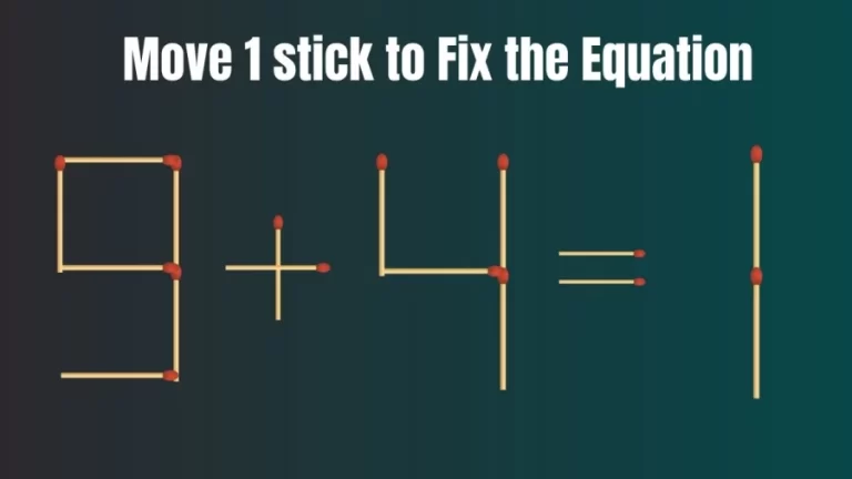 Brain Teaser Math Test: 9+4=1 Move 1 matchstick to fix the equation by 30 secs| Matchstick Puzzle