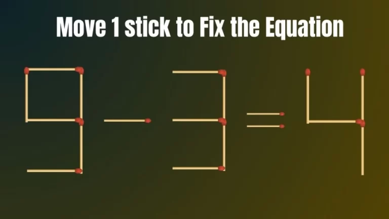 Matchstick Brain Test: Move 1 Matchstick to make the Equation 9-3=4 Right