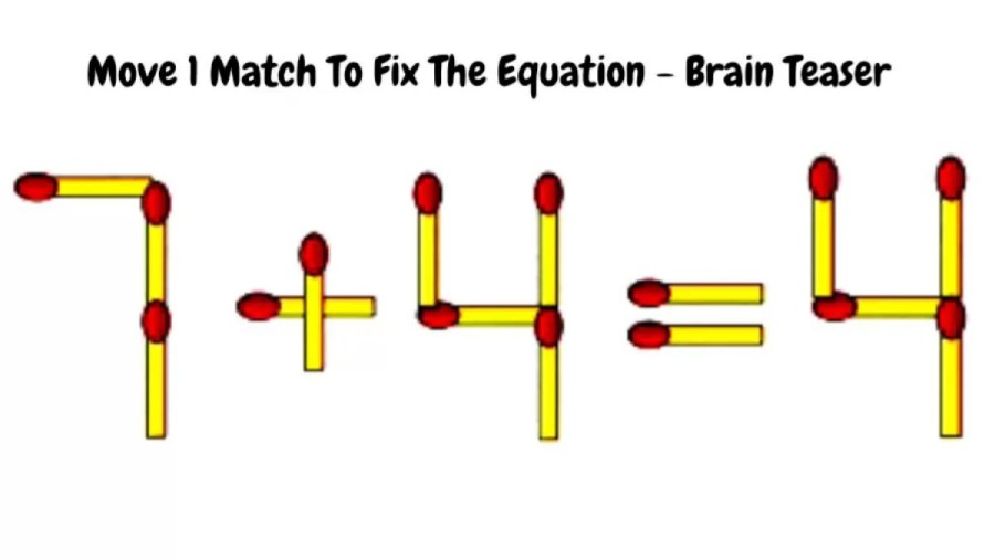 Matchstick Puzzle: 7+4=4 Move 1 Match To Fix The Equation – Brain Teaser