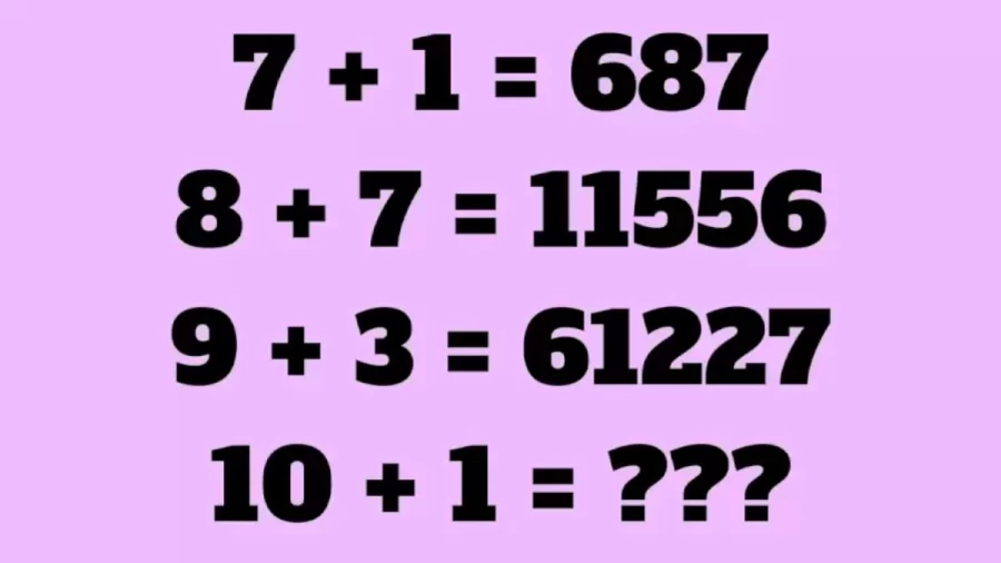 Brain Teaser Math Puzzle – If 7+1=687, 8+7=11556, 9+3=61227, Then 10+1=? Solve This