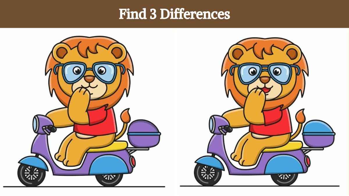 Find 3 differences between the pictures of a lion on a scooter in 11 seconds!